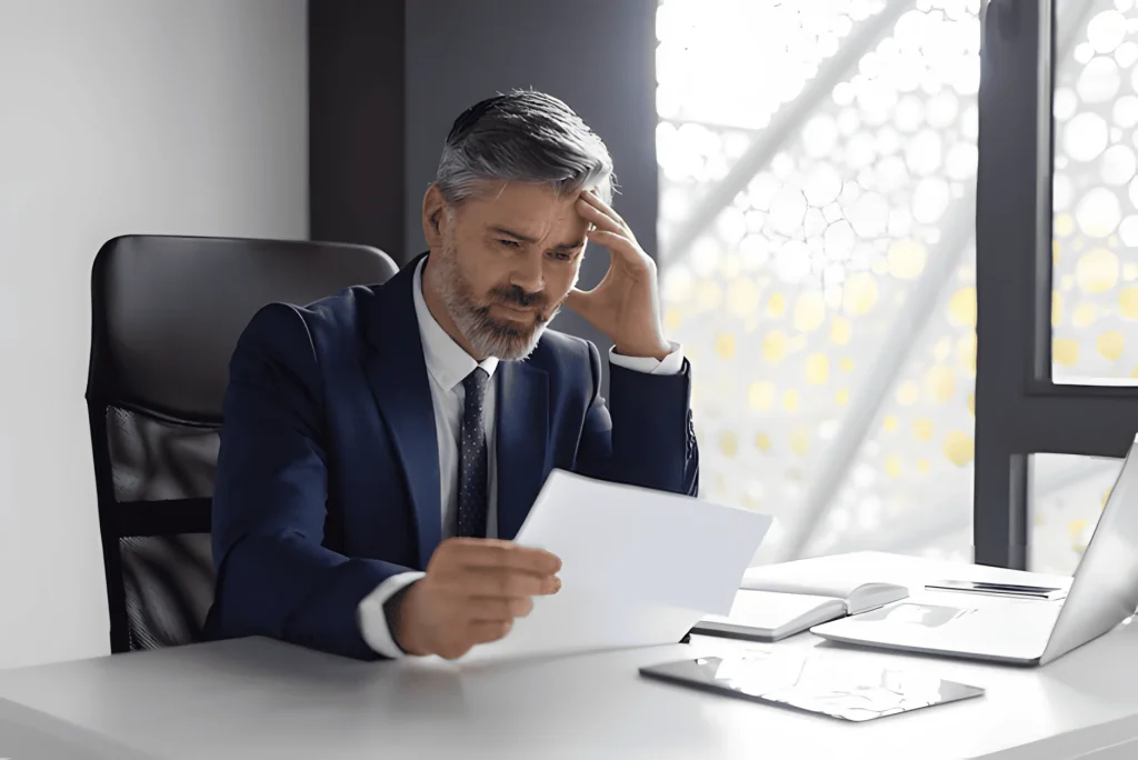 empresario preocupado analisando o controle de jornada da empresa