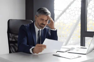 empresario preocupado analisando o controle de jornada da empresa
