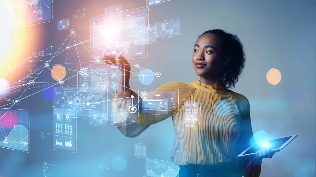pessoa em ambiente mais tecnologico ilustrando como será no futuro