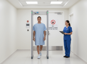 paciente passando por portal detector de metais antes do exame de ressonância magnética