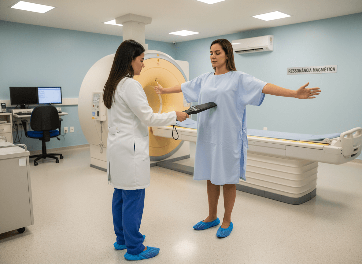 enfermeira passando detector de metais portátil em paciente