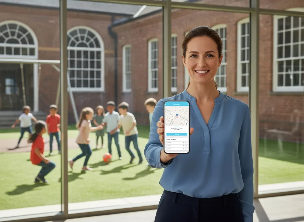 professora utilizando registro de ponto no intervalo