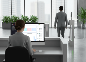 recepção de prédio com catraca e sistema de acesso