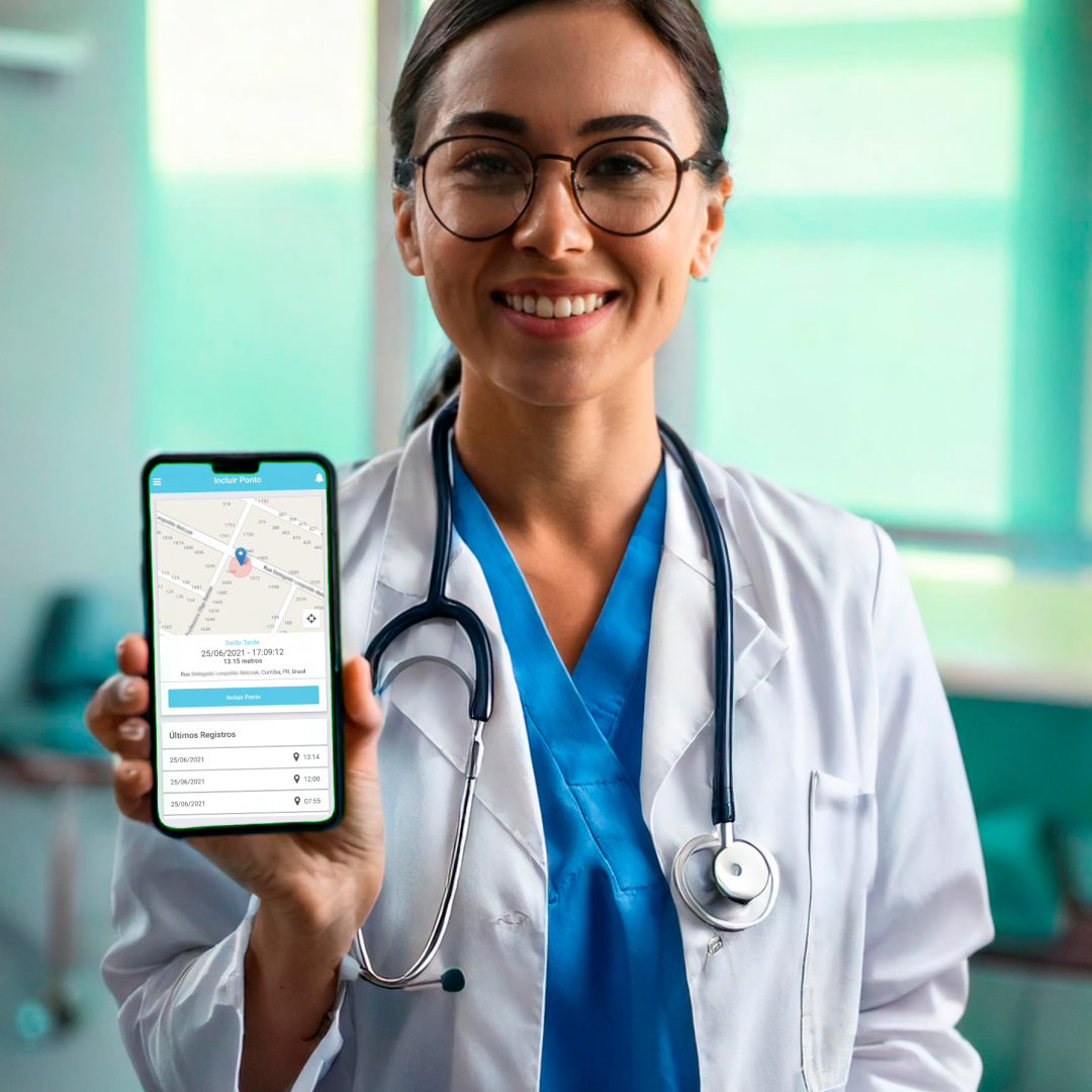 médica registrando ponto diretamente no celular.