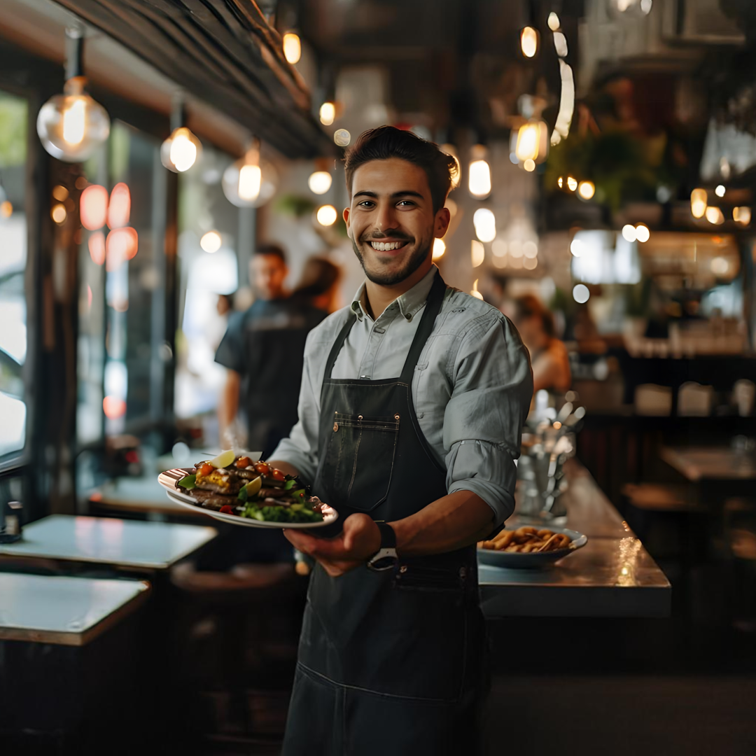 jovem-garcom-feliz-servindo-comida-em-um-restaurante Jovem servindo em restaurante com controle de acesso da ponto tecnologia